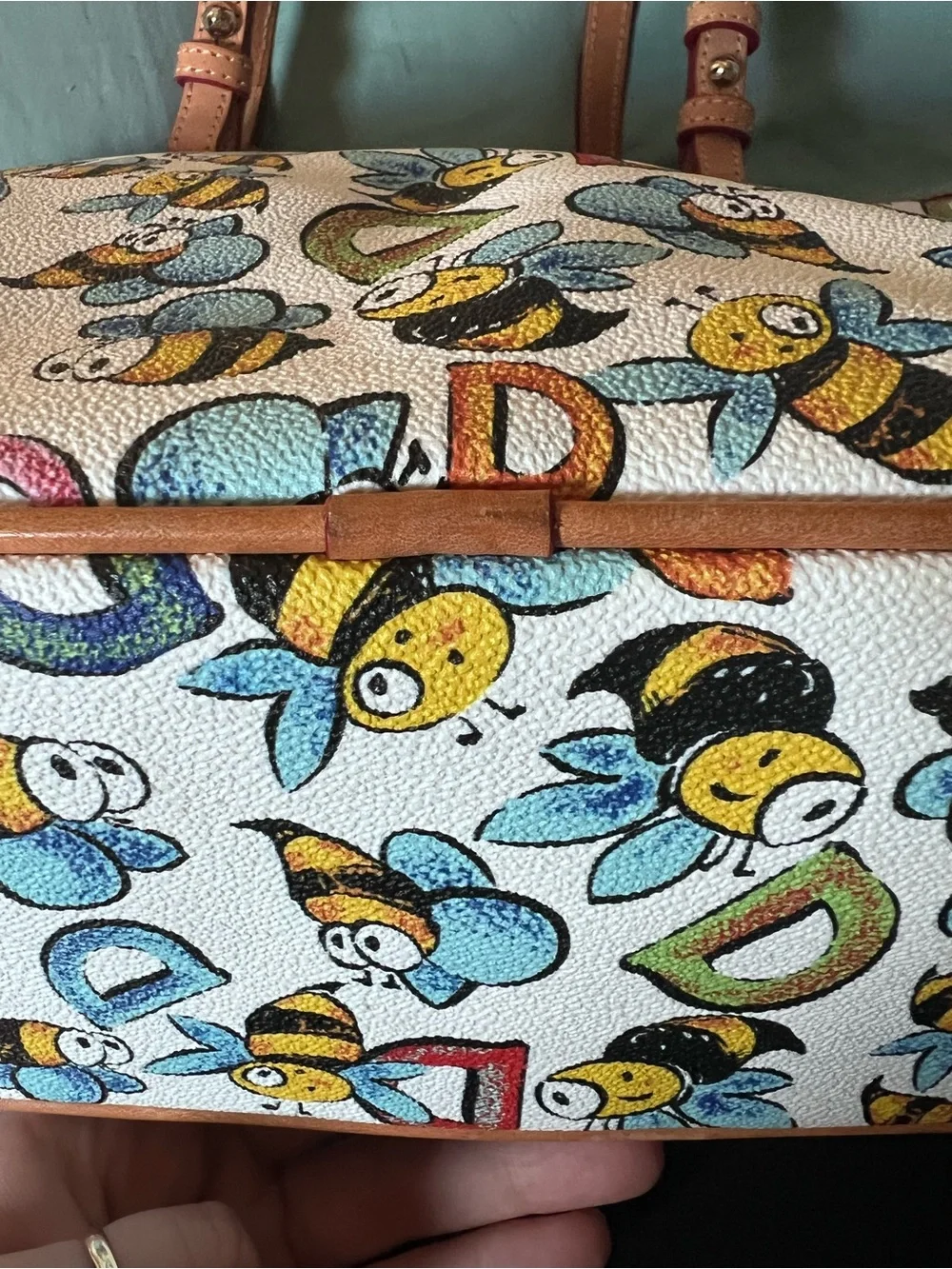 Dooney & Bourke White Bee Print Tote with Tan Trim - Picture 13 of 13